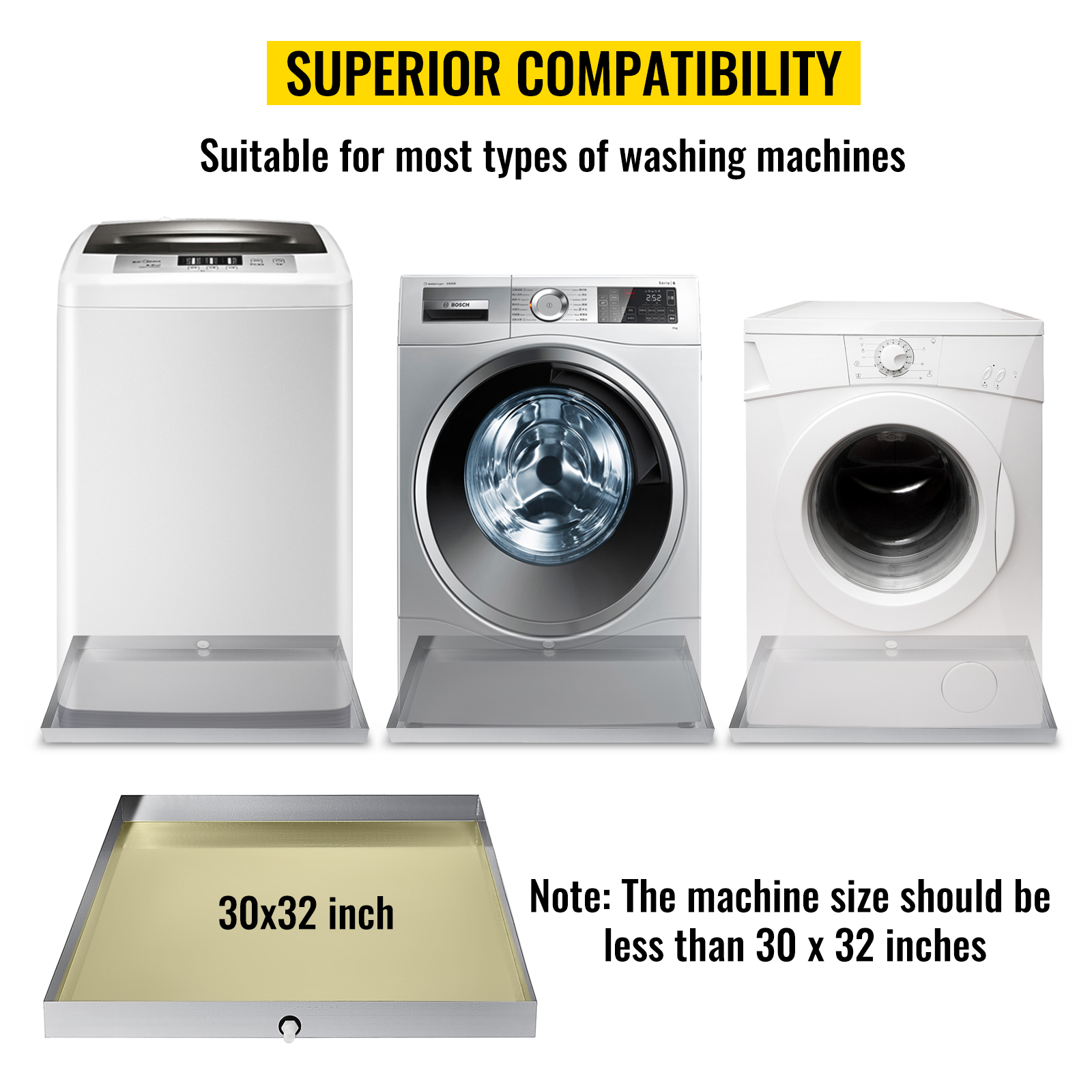 VEVOR washing machine pan with 30x32 inch dimensions, suitable for most washers.