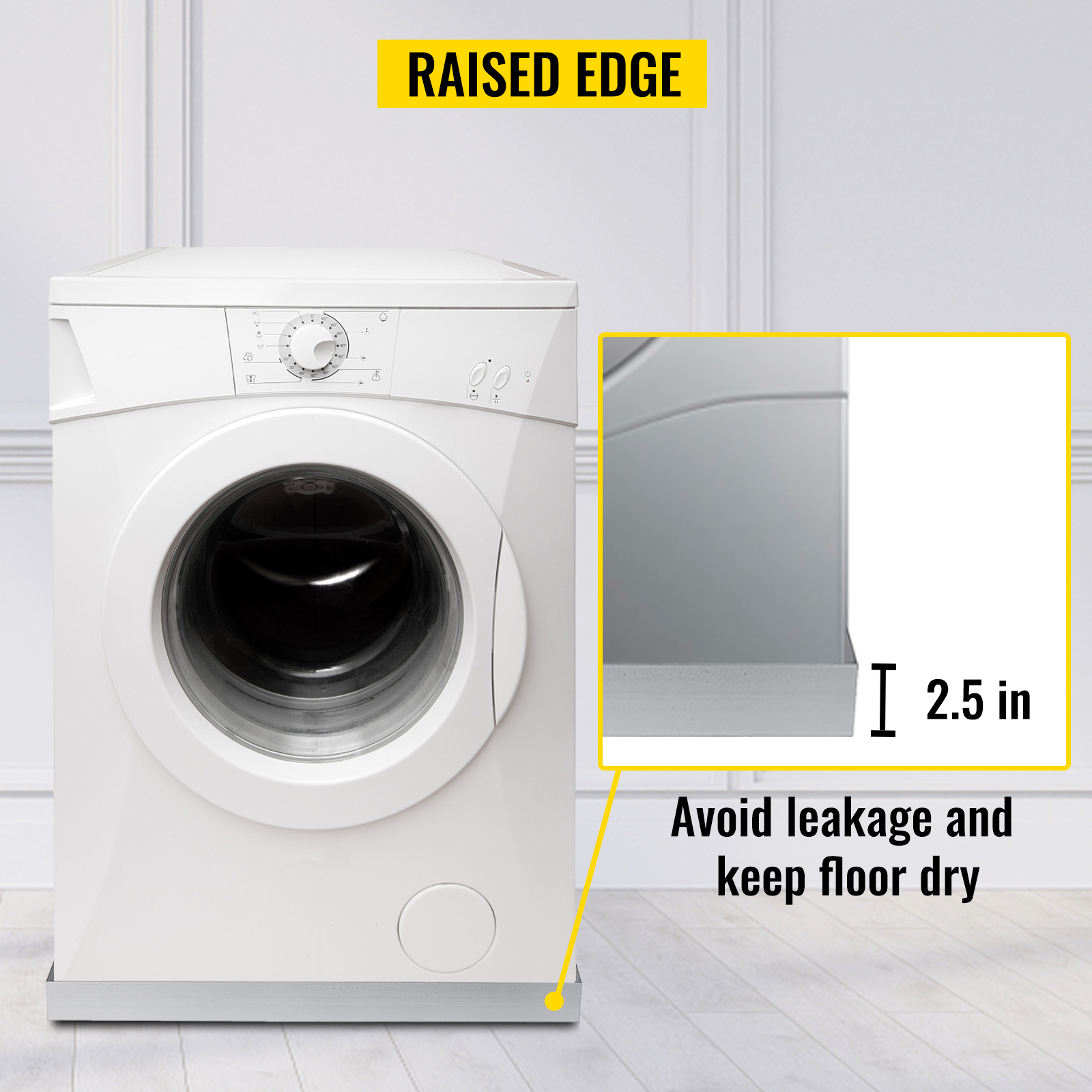 washing machine with VEVOR washing machine pan showing raised edge to avoid leakage.