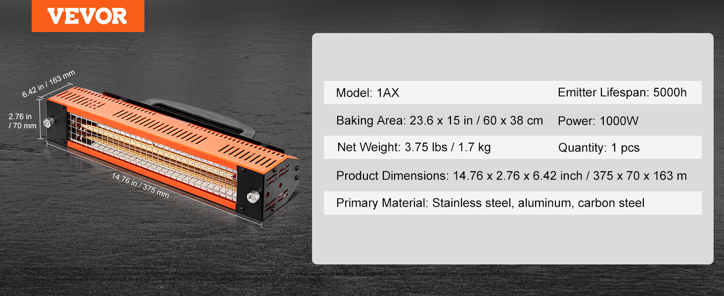 VEVOR infrared curing lamp with 1000w power, stainless steel construction, 14.76x2.76x6.42 inches.