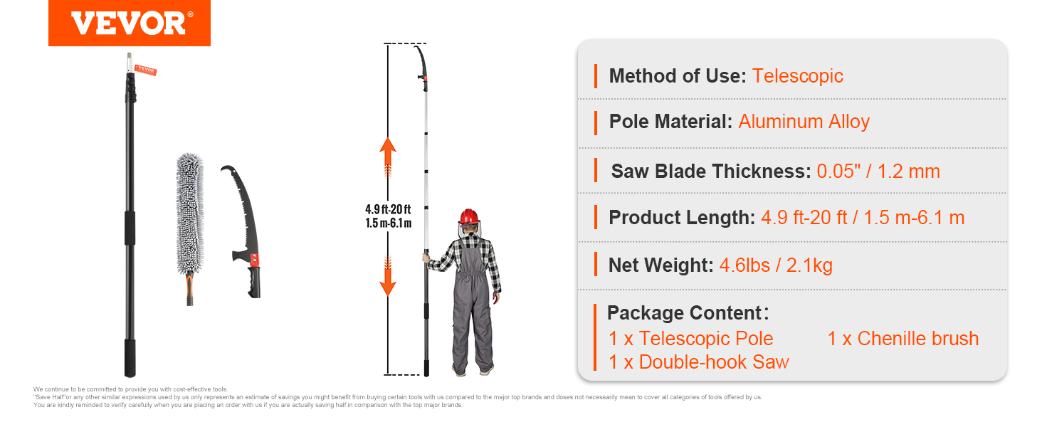 VEVOR manual pole saw package with telescopic pole, double-hook saw, and chenille brush.