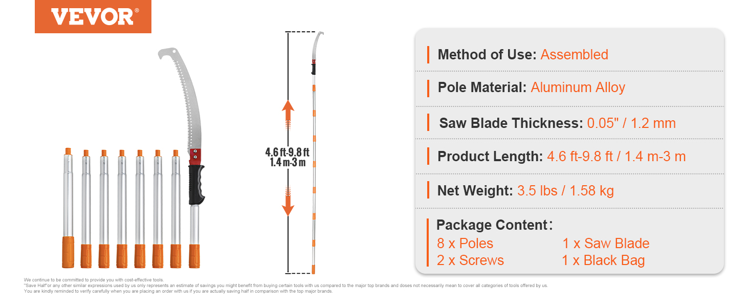VEVOR manual pole saw with assembled aluminum alloy poles, 9.8 ft max length, 0.05" blade thickness.