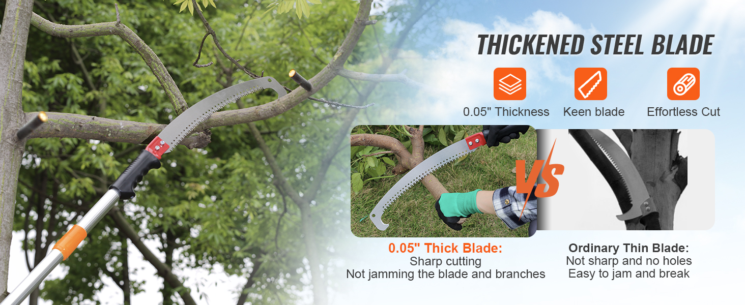 VEVOR manual pole saw in action, sharp thickened steel blade cutting tree branch effortlessly.