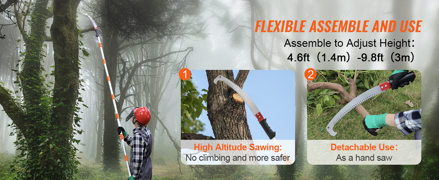 person using VEVOR manual pole saw to trim tree branches in the forest, highlighting adjustable height.