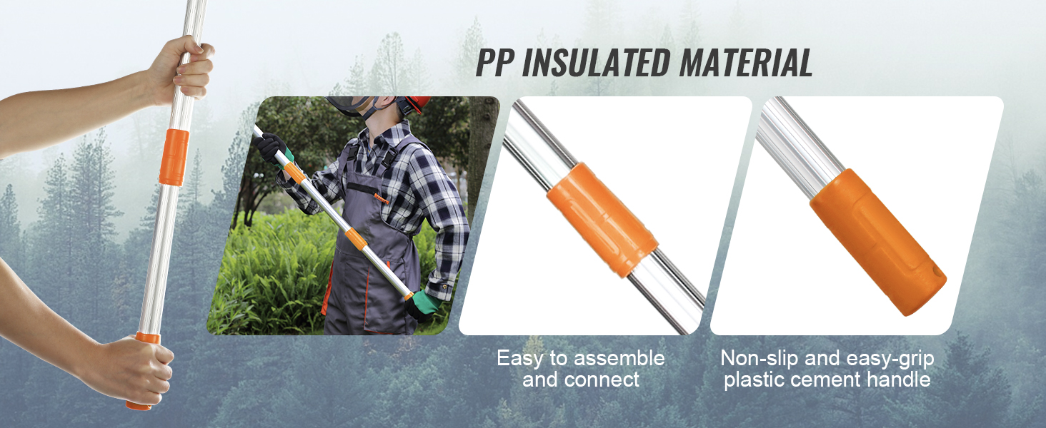 VEVOR manual pole saw featuring pp insulated material, easy-to-grip handle, and simple assembly.