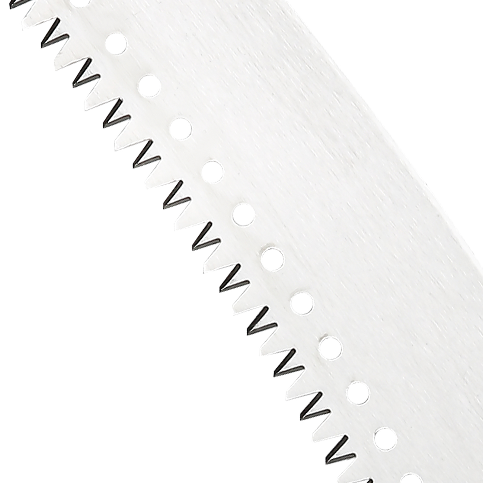close-up of VEVOR manual pole saw blade with sharp teeth and circular cutout details.