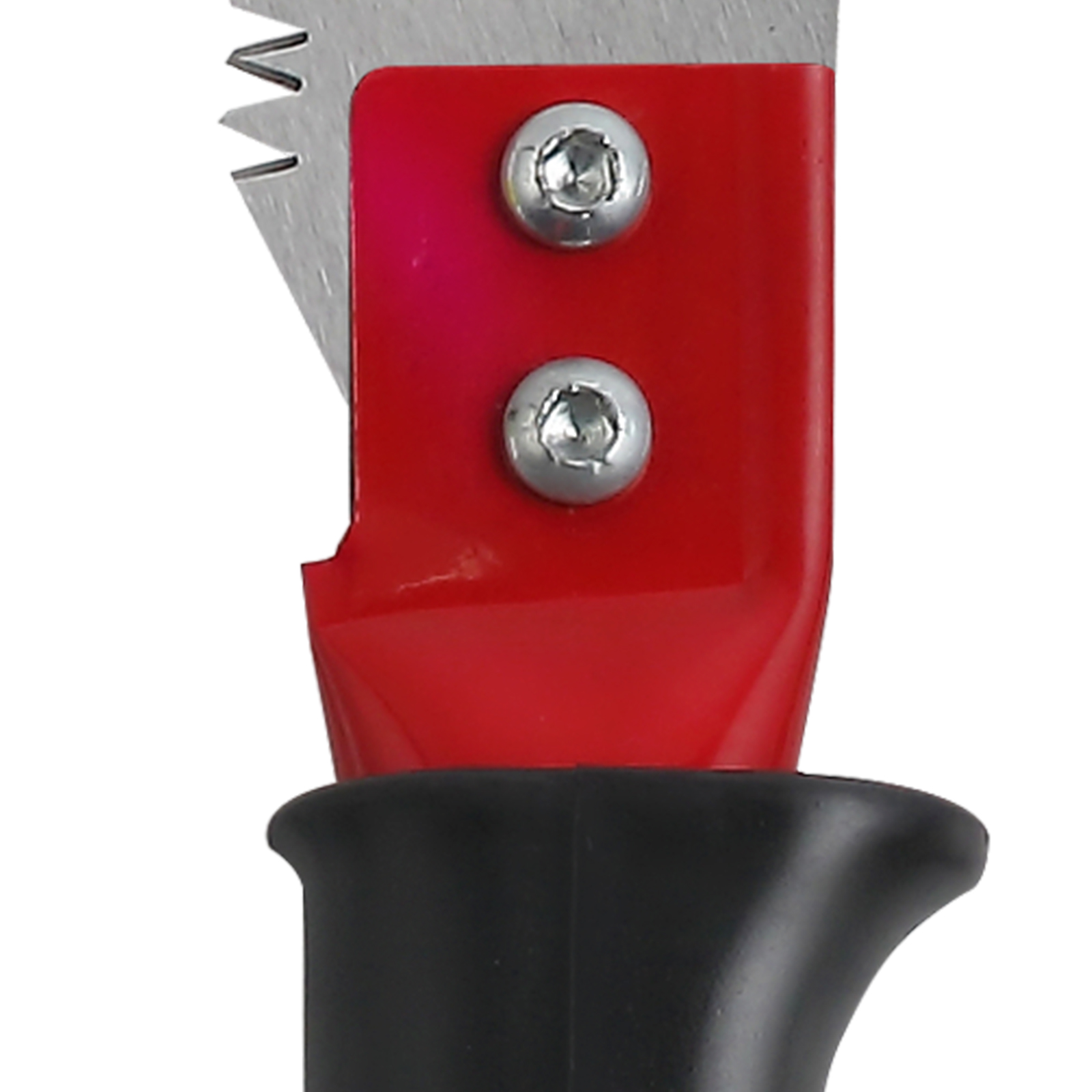 close-up of red and black handle with two bolts on a VEVOR manual pole saw blade.