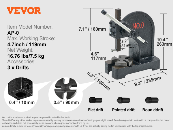 Arbor Press, 2 Ton Manual Arbor Press, 8.5" Maximum Height, 57 Lbs Weight Cast Iron Heavy-duty Manual Desktop Arbor Press, Hand Press For Riveting