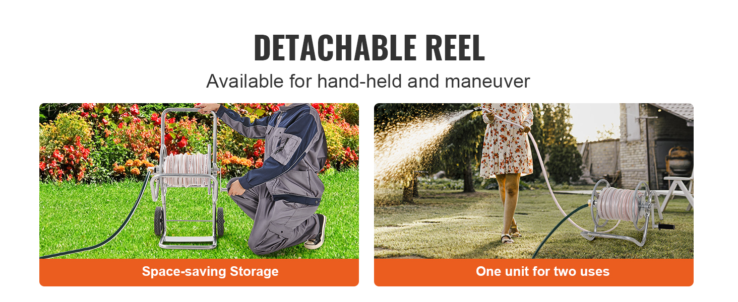 Візок для котушки для шланга VEVOR для ручного керування та маневрування, компактне зберігання та подвійне використання.