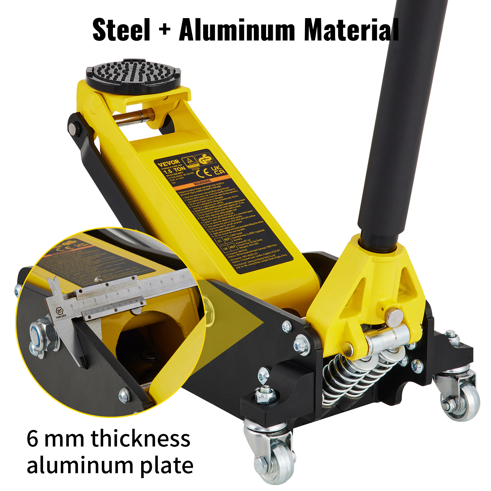 Gato de piso de carreras VEVOR amarillo con material de acero y aluminio, que muestra capacidad de 1,5 toneladas y pinza.