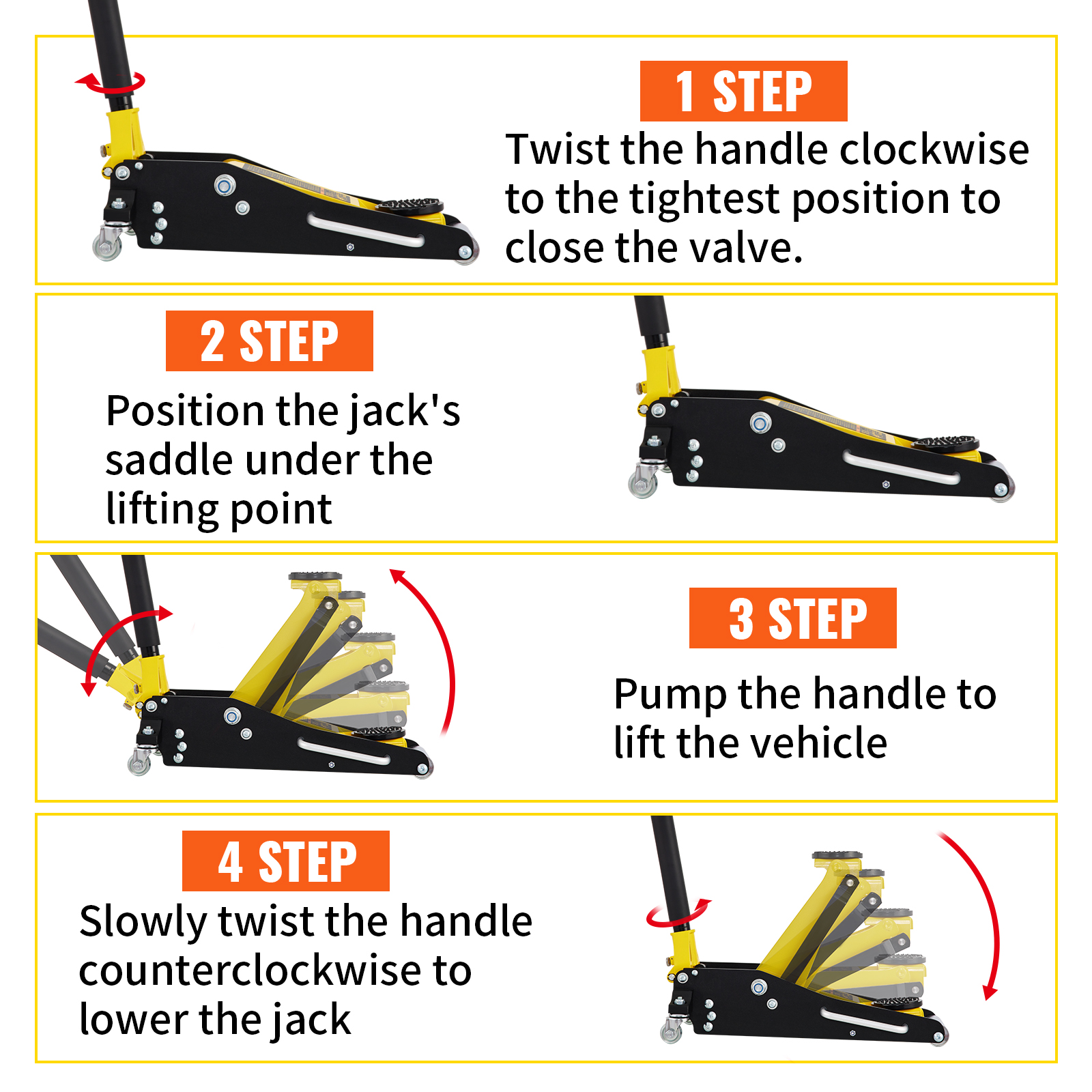 Instrucciones de 4 pasos para utilizar el gato de piso de carreras VEVOR, que incluyen giro del mango y posicionamiento del gato.