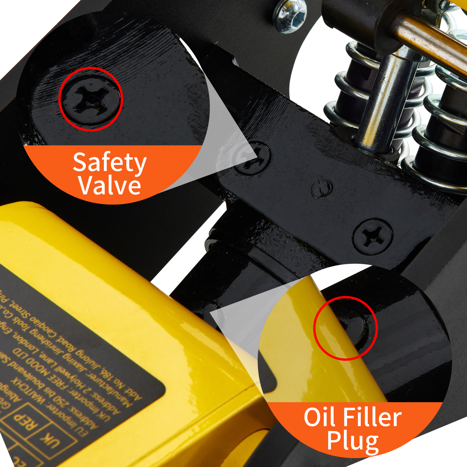 Detalles de la válvula de seguridad y del tapón de llenado de aceite en el gato de suelo de carreras VEVOR en combinación de colores negro y amarillo.