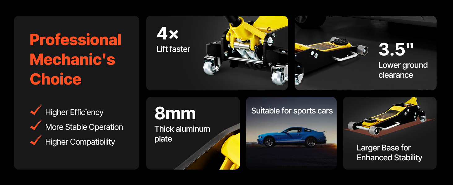 VEVOR racing floor jack lifting a car, showcasing its 3-ton low-profile design with ce, ukca, and asme certifications.