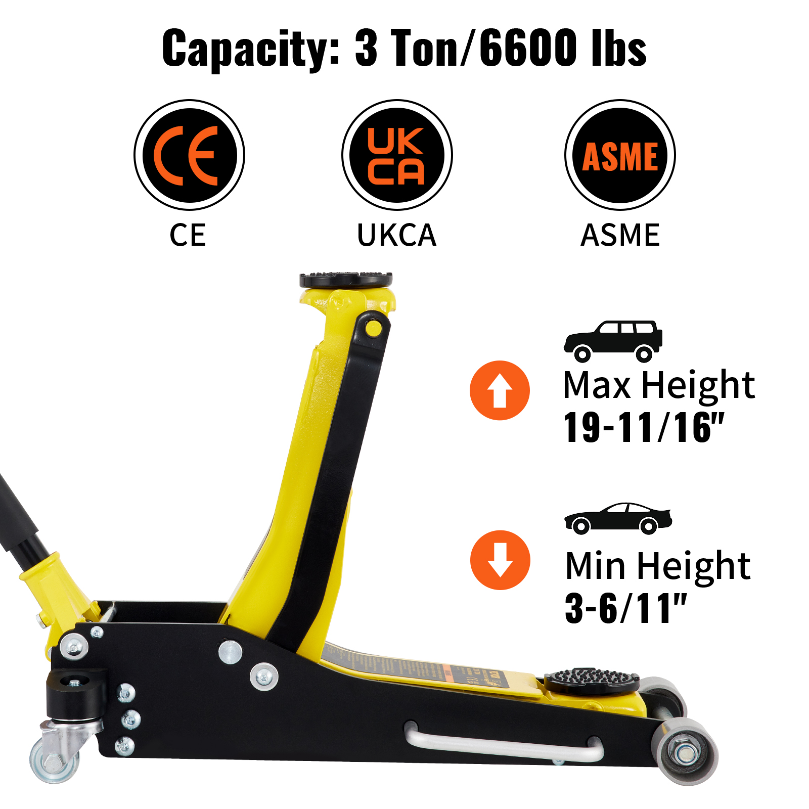 VEVOR racing floor jack showcasing 3 ton capacity, ce/ukca/asme certification, and height range details.