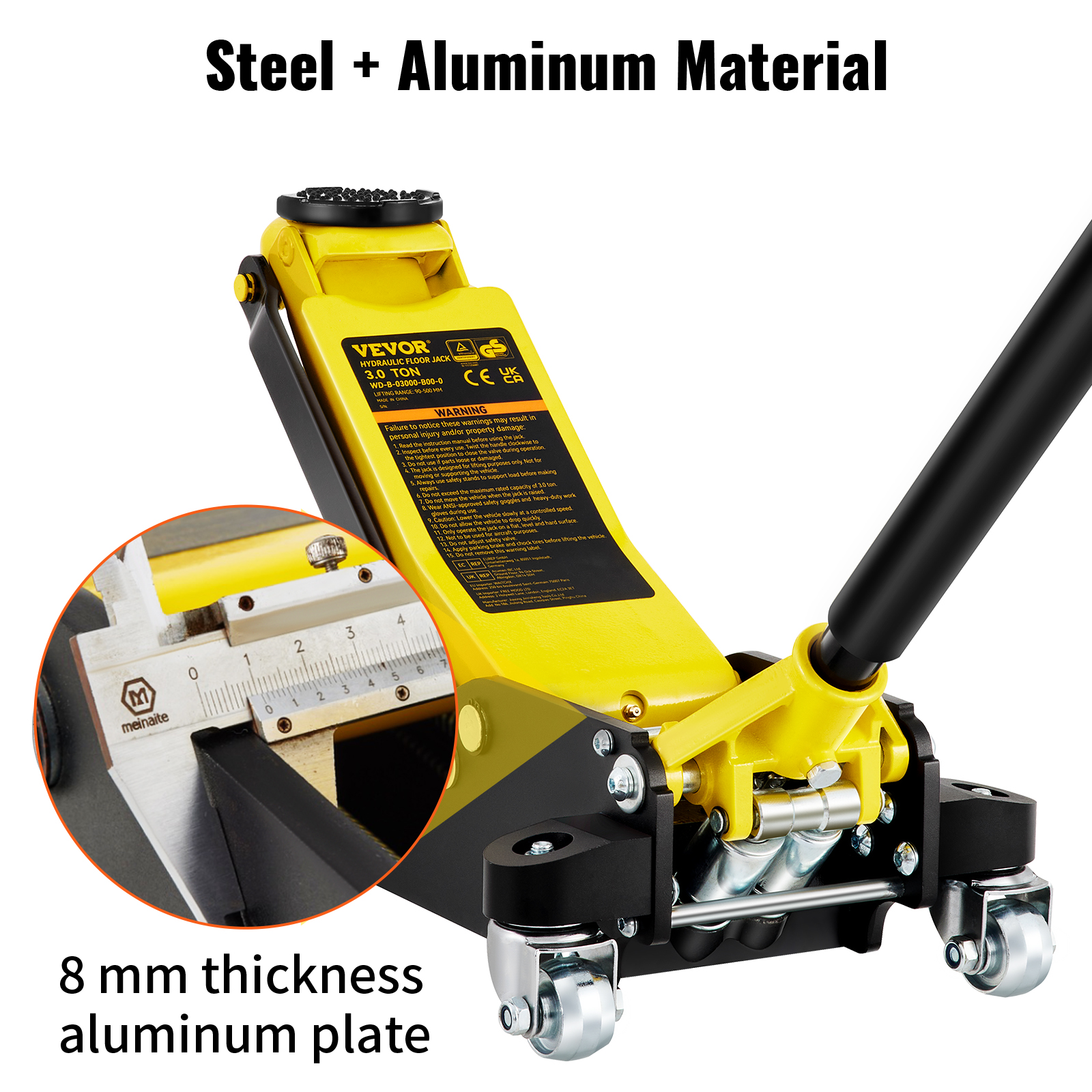 VEVOR racing floor jack, steel and aluminum construction with 8mm thick aluminum plate for durability.
