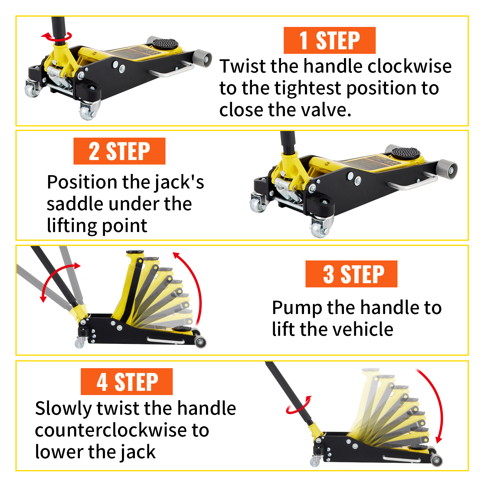 VEVOR racing floor jack usage steps: twist handle, position saddle, pump handle, lower jack.