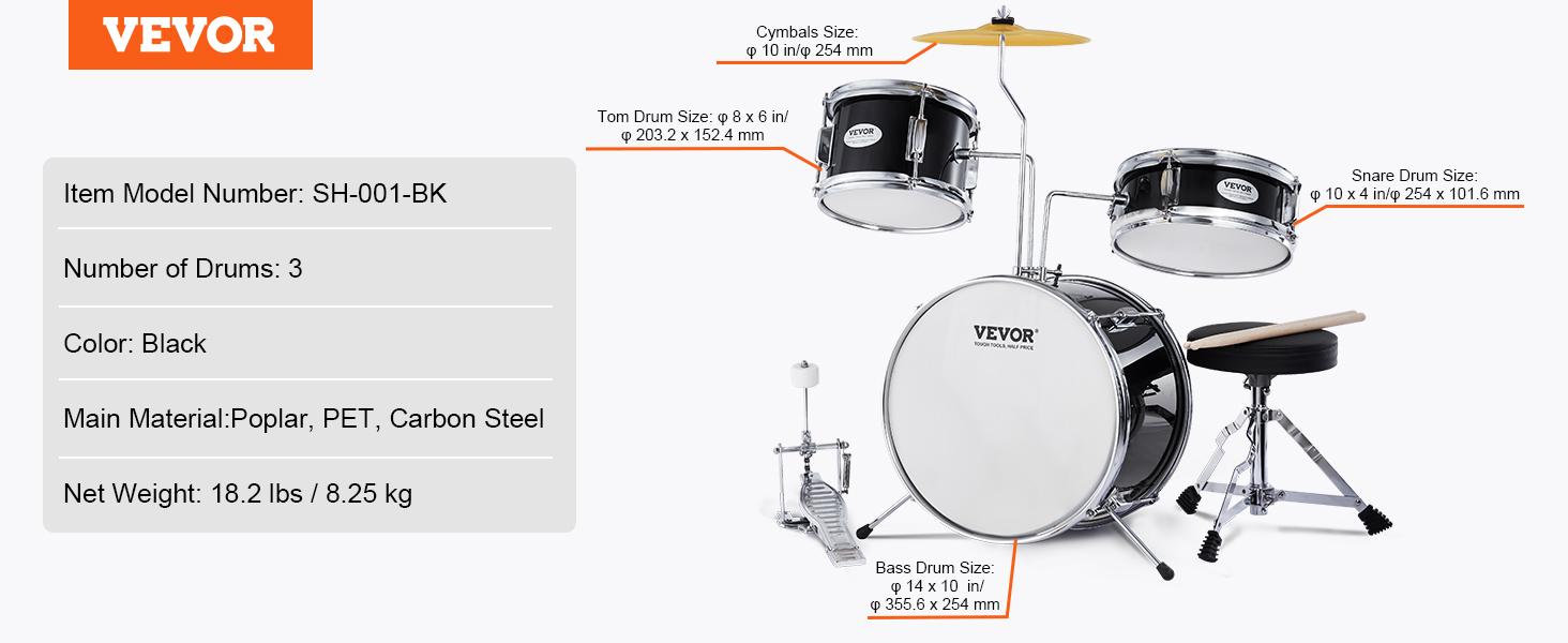 VEVOR kids drum set with three black drums, cymbals, stool, and drumsticks, model sh-001-bk.
