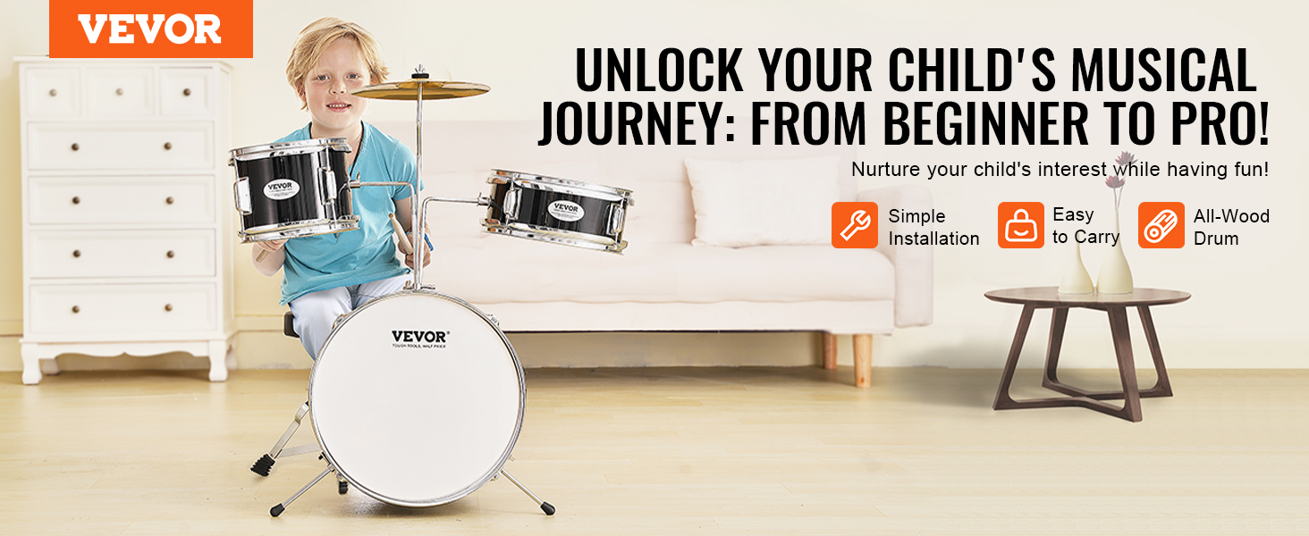 child playing VEVOR kids drum set in bright room, highlighting simple installation and all-wood drum.