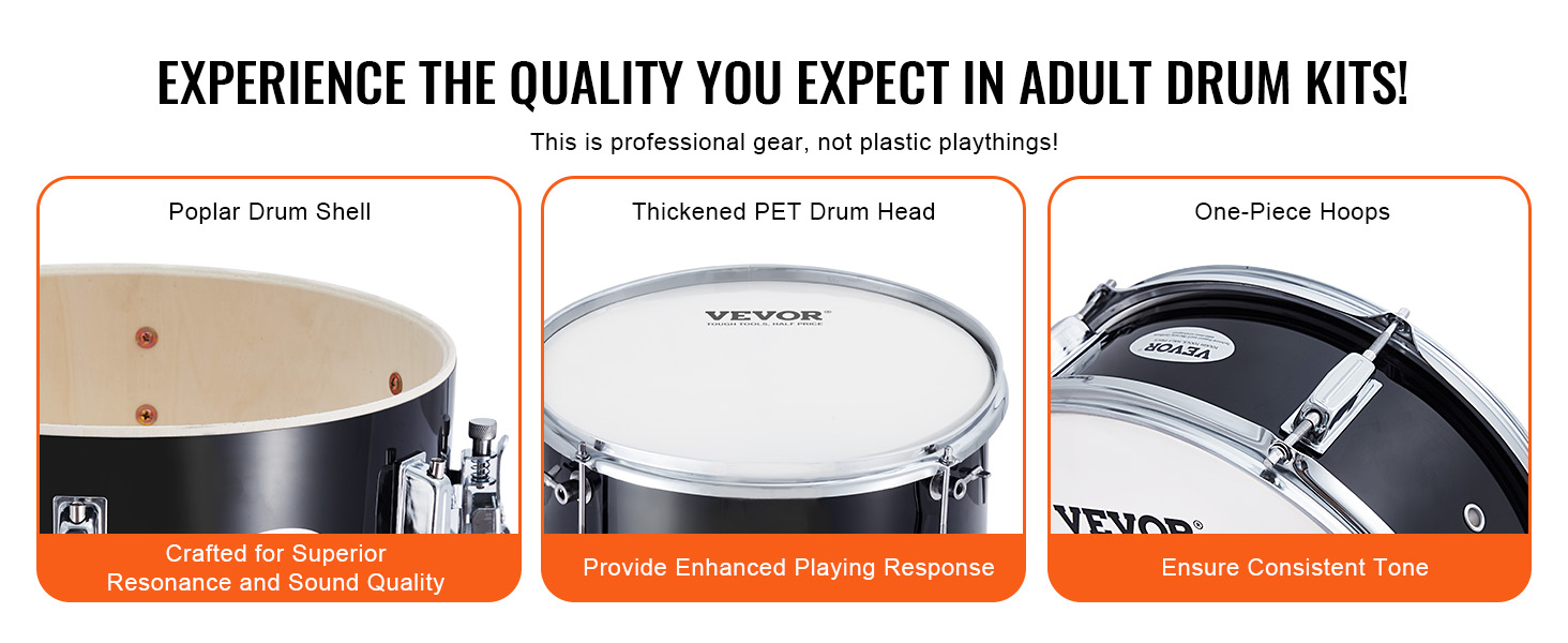 high-quality VEVOR kids drum set with poplar drum shell, thickened pet drum head, and one-piece hoops.