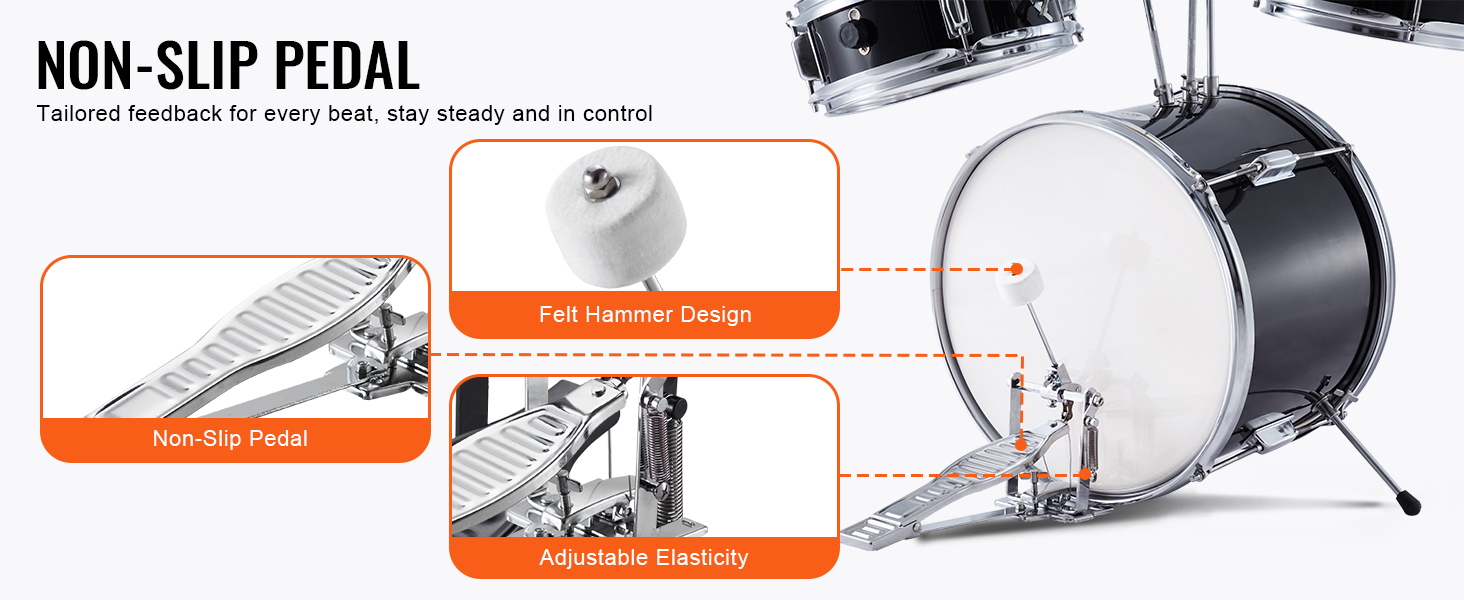 non-slip pedal with felt hammer and adjustable elasticity on a VEVOR kids drum set.