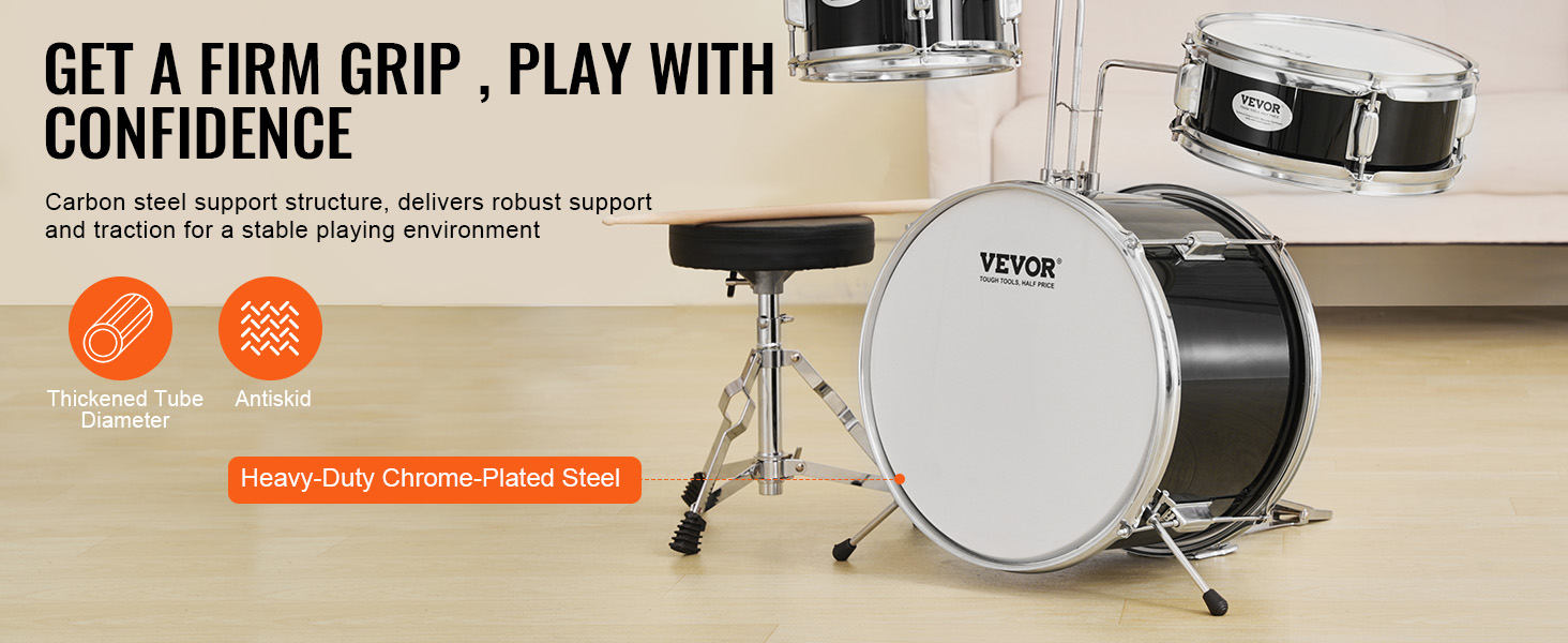VEVOR kids drum set with carbon steel support, thickened tube diameter, and antiskid features.