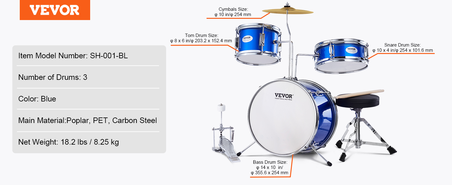 VEVOR kids drum set in blue, model sh-001-bl, includes snare, tom, bass drums & cymbals. 8.25 kg.
