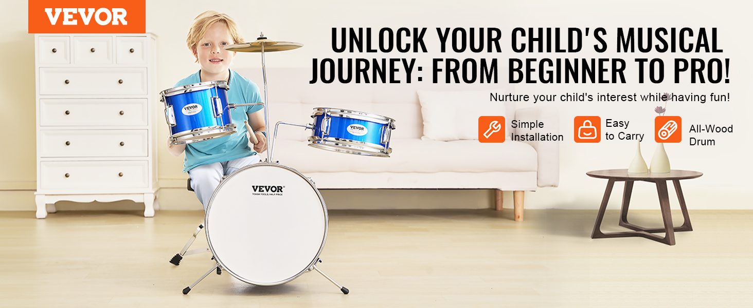 VEVOR kids drum set displayed in a cozy room, promoting easy installation and all-wood drum features.