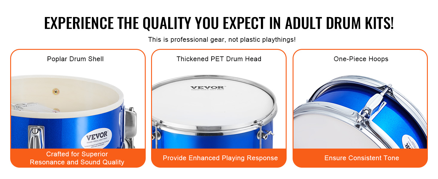 VEVOR kids drum set with poplar drum shell, thickened pet drum head, and one-piece hoops.