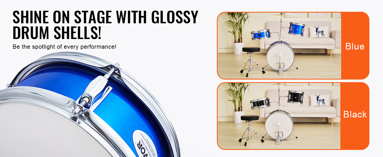 VEVOR kids drum set featuring glossy drum shells in blue and black, displayed in a modern living room.