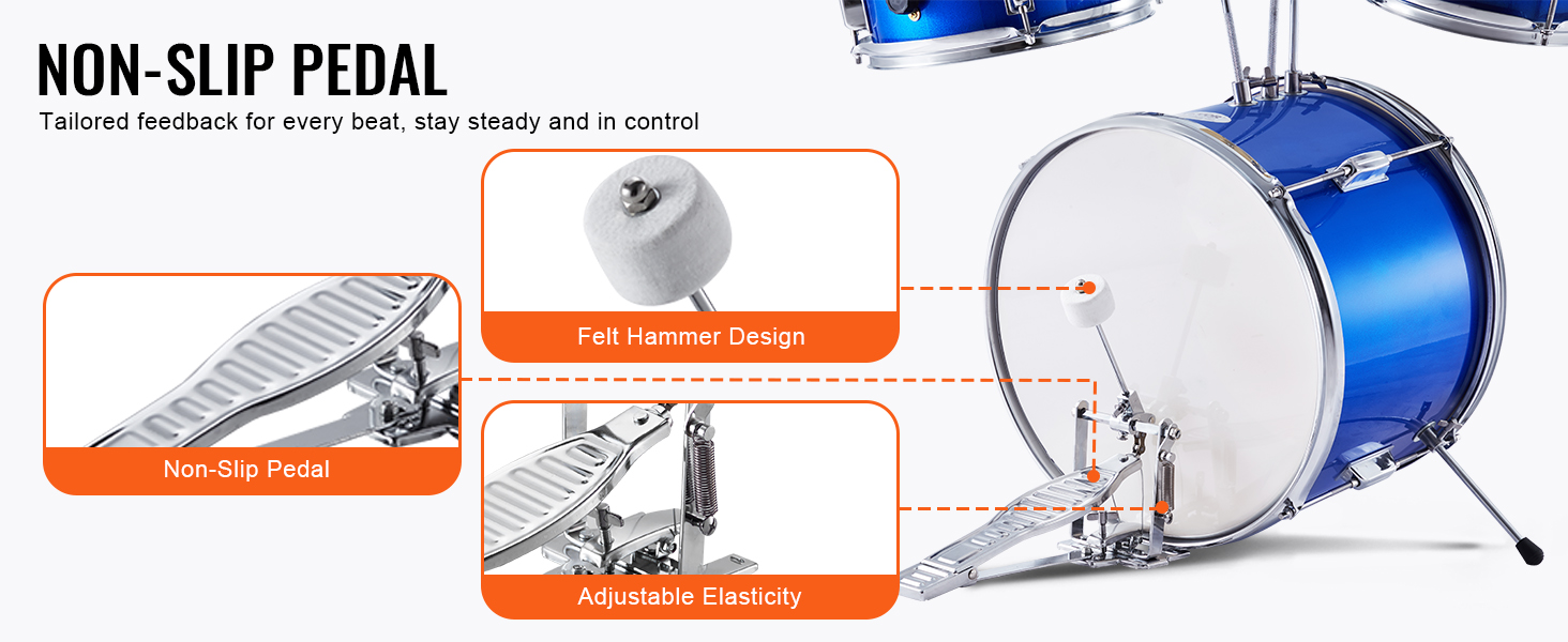 VEVOR kids drum set non-slip pedal with felt hammer design and adjustable elasticity for steady beats.