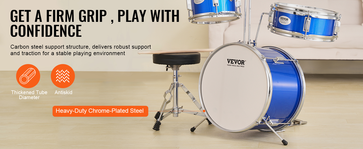 VEVOR kids drum set with blue drums, sturdy carbon steel support, and an antiskid base for stability.