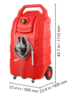 red VEVOR fuel caddy with yellow wheels, dimensions labeled, featuring hose and pump handles.