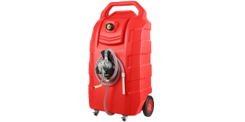 red VEVOR fuel caddy with yellow wheels, a white hose, and a hand pump for easy fuel transfer.