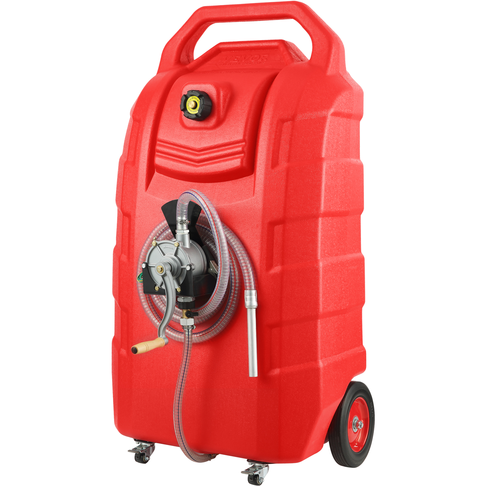 red VEVOR fuel caddy with yellow wheels and hose for easy transport and fueling.