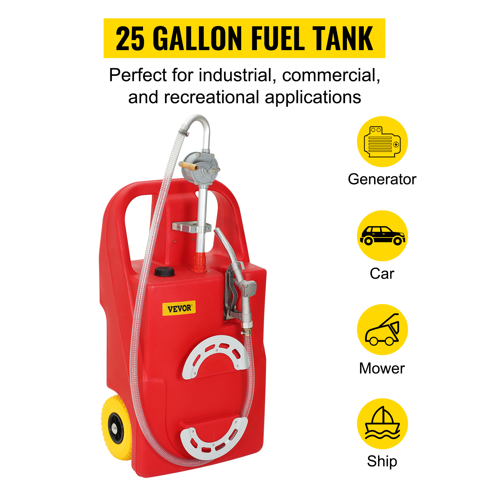 VEVOR fuel caddy 25-gallon fuel tank, ideal for generators, cars, mowers, and ships.
