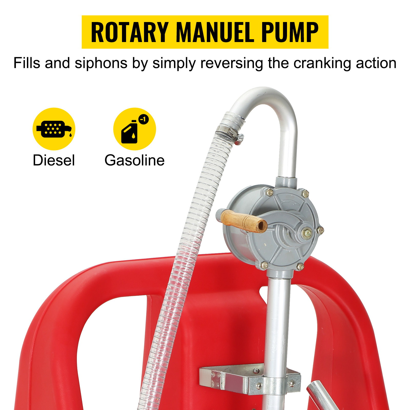 VEVOR fuel caddy with rotary manual pump for diesel and gasoline filling and siphoning.