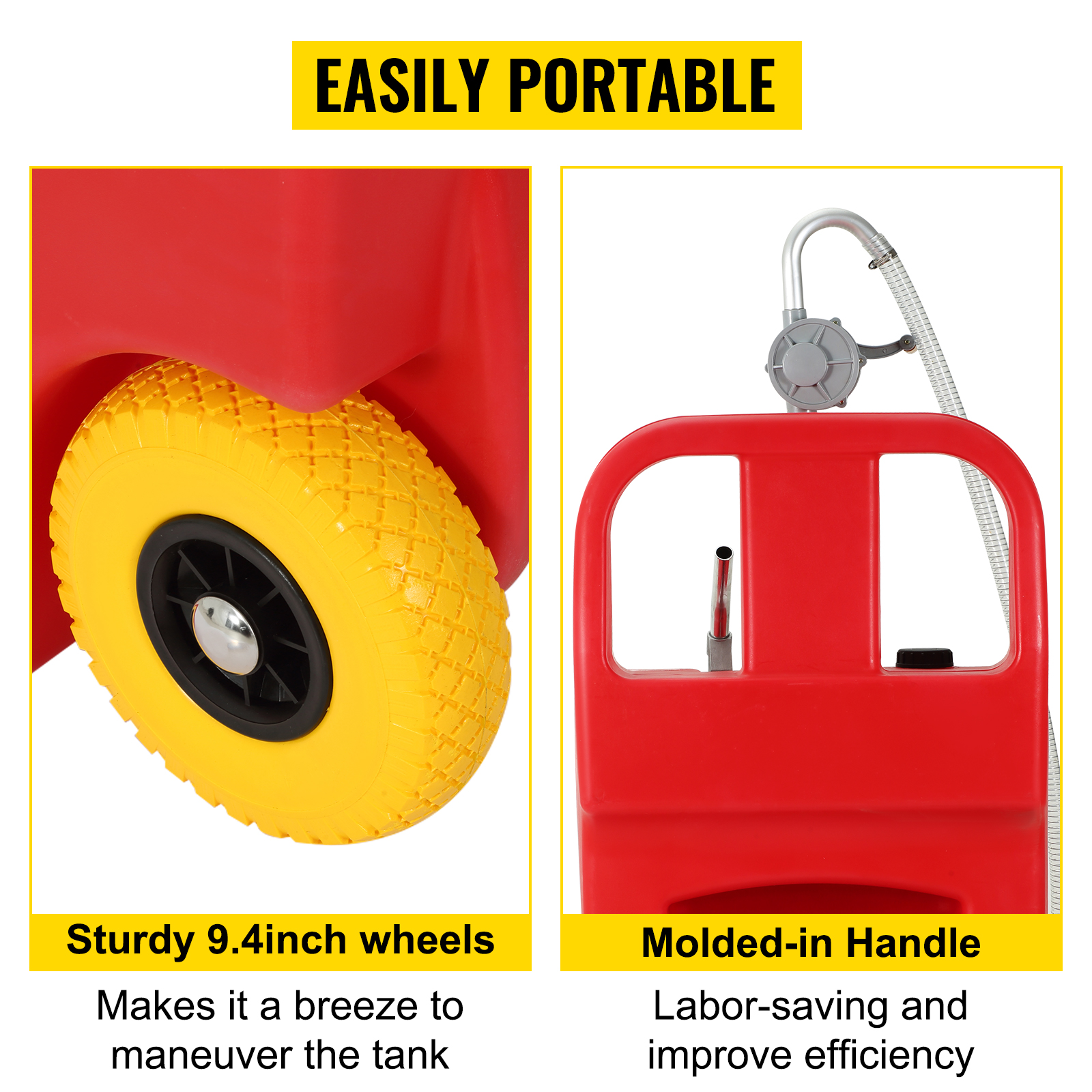 VEVOR fuel caddy features sturdy 9.4-inch wheels and a molded-in handle for easy portability.