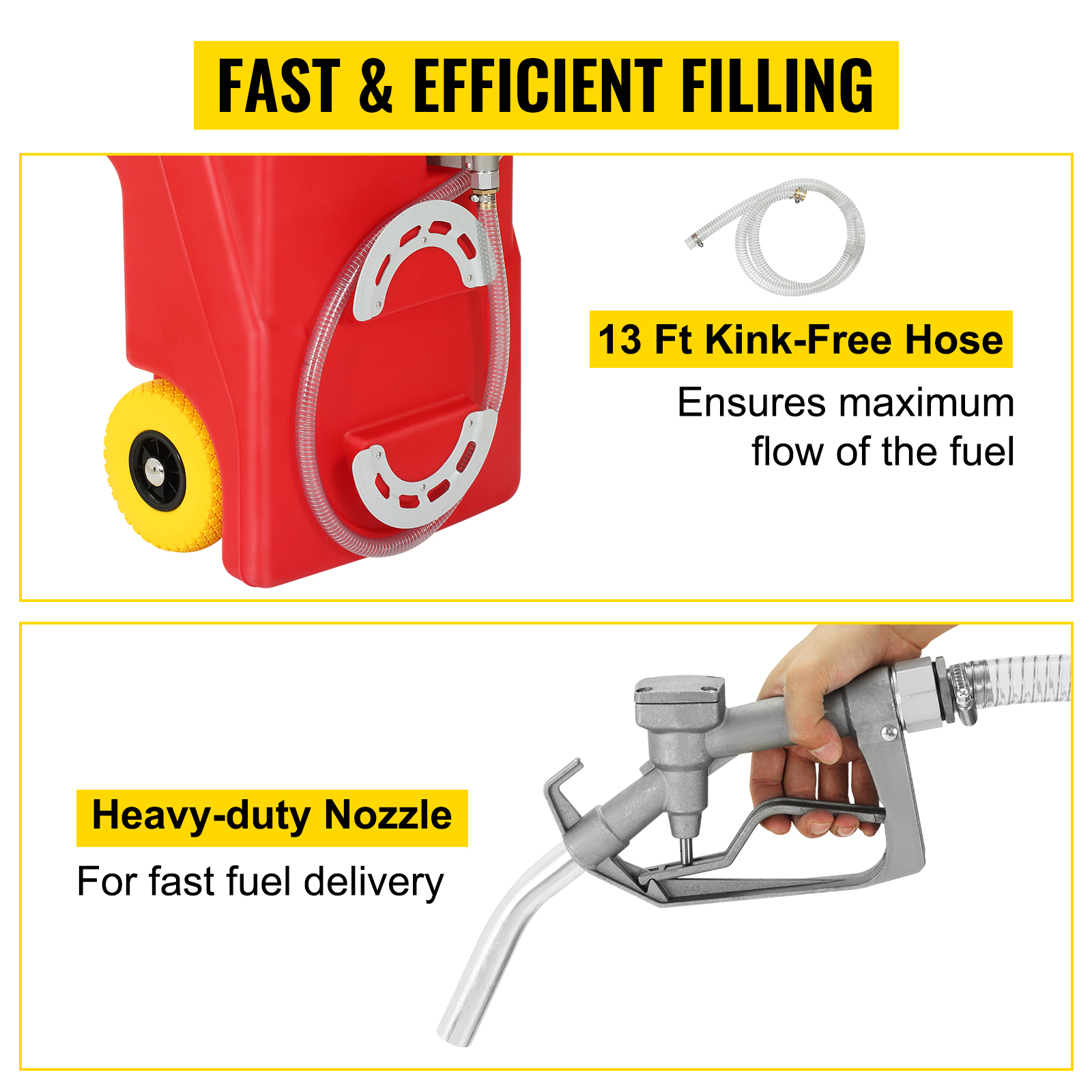 VEVOR fuel caddy with 13 ft kink-free hose and heavy-duty nozzle for fast and efficient fuel delivery.