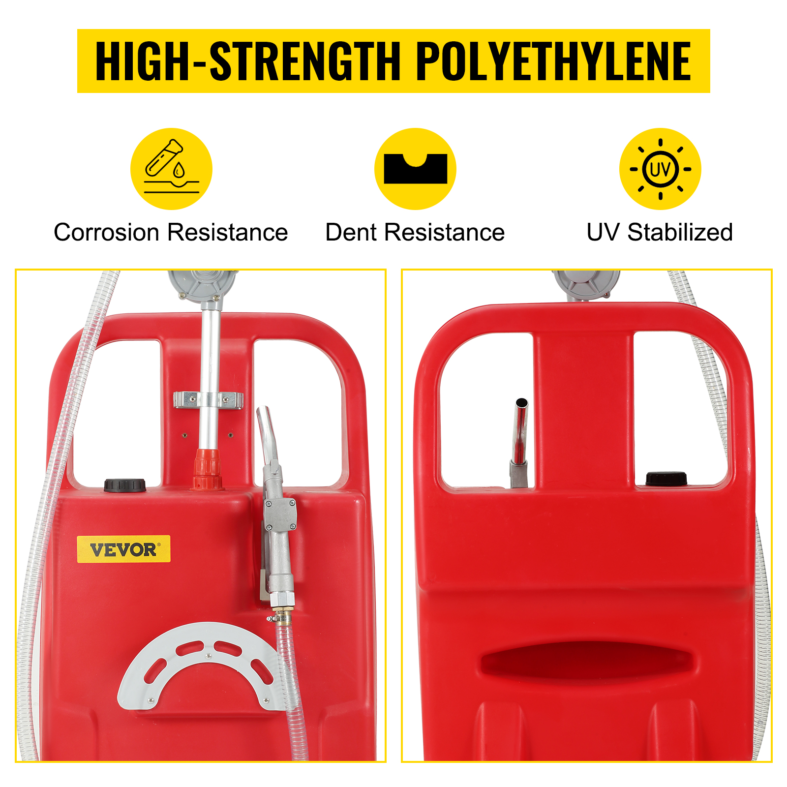 VEVOR fuel caddy made of high-strength polyethylene, showcasing corrosion and dent resistance, uv stabilized.