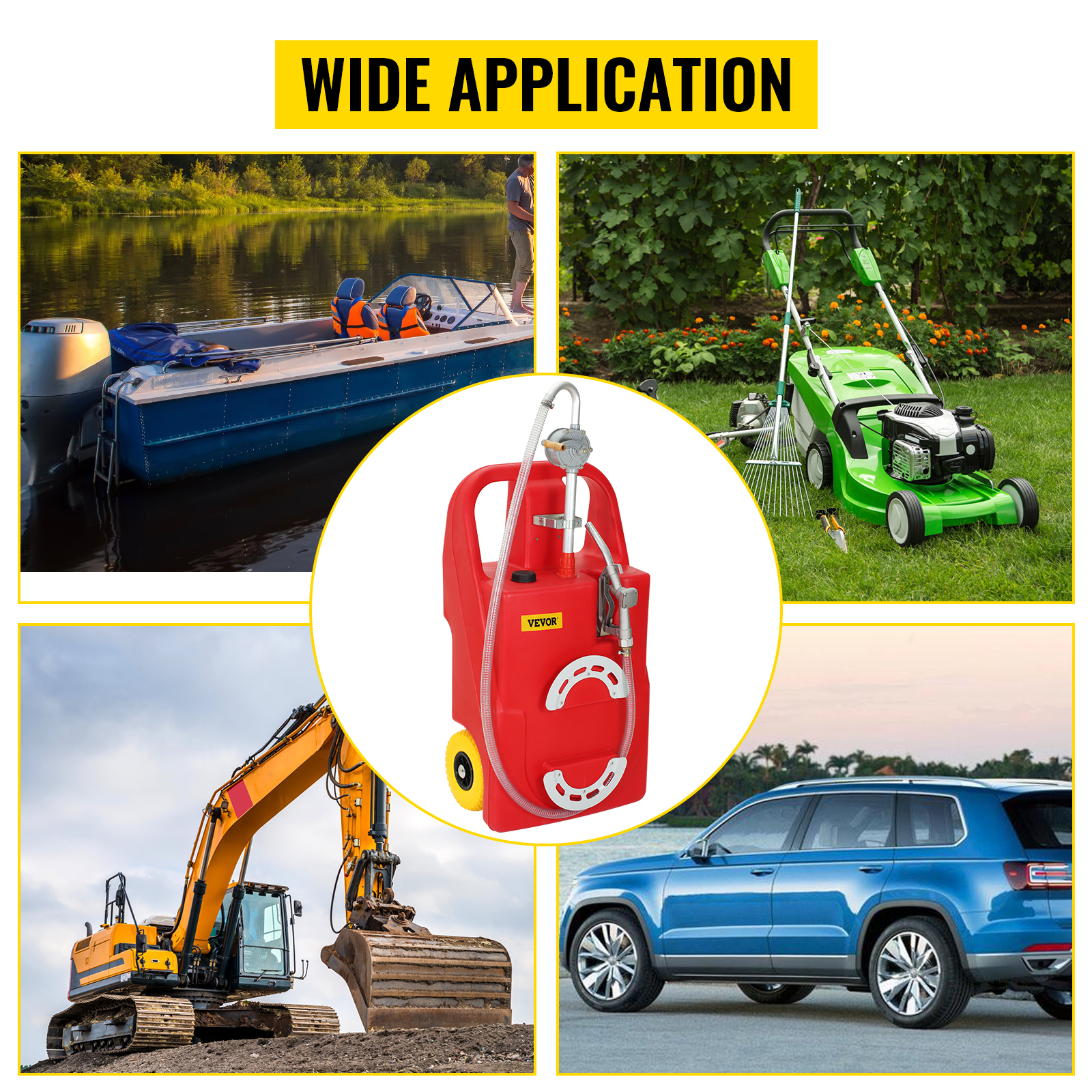 VEVOR fuel caddy for wide application: boat, lawn mower, excavator, and suv vehicle.