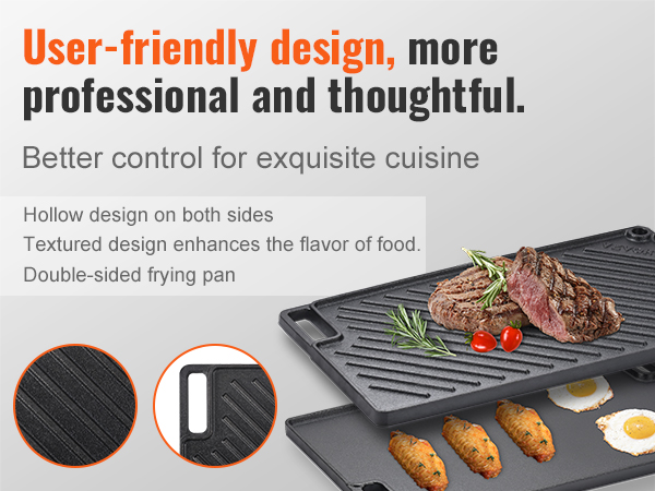 2-in-1 Reversible Cast Iron Griddle – 20” X 10.5”, For Stove, Grill & Camping, Flat & Ridged Sides, Pre-Seasoned