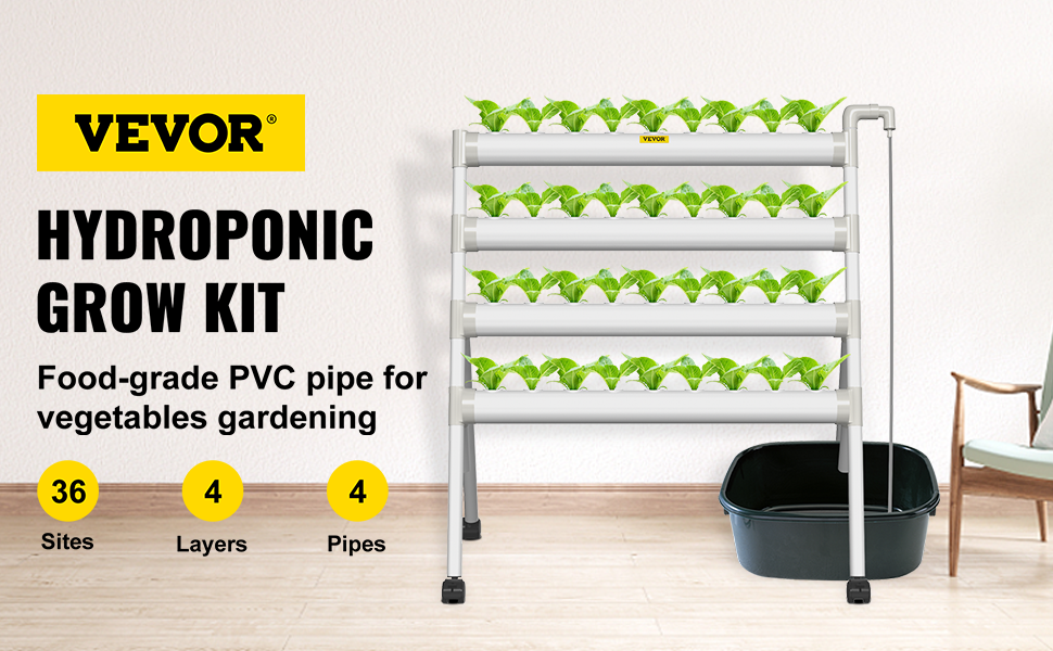 VEVOR Hydroponics Growing System, 36 Sites 4 Food-Grade PVC-U Pipes, 4 ...