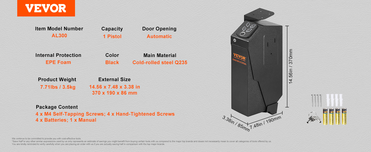 VEVOR mounted biometric gun safe, al300, cold-rolled steel, holds 1 pistol, automatic door opening.