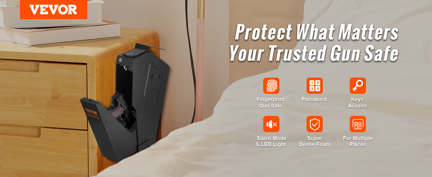 VEVOR mounted biometric gun safe next to a bed, featuring fingerprint, password, and keys access.