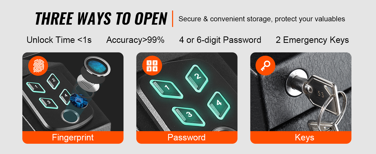 VEVOR mounted biometric gun safe offers fingerprint, password, and key access for secure storage.