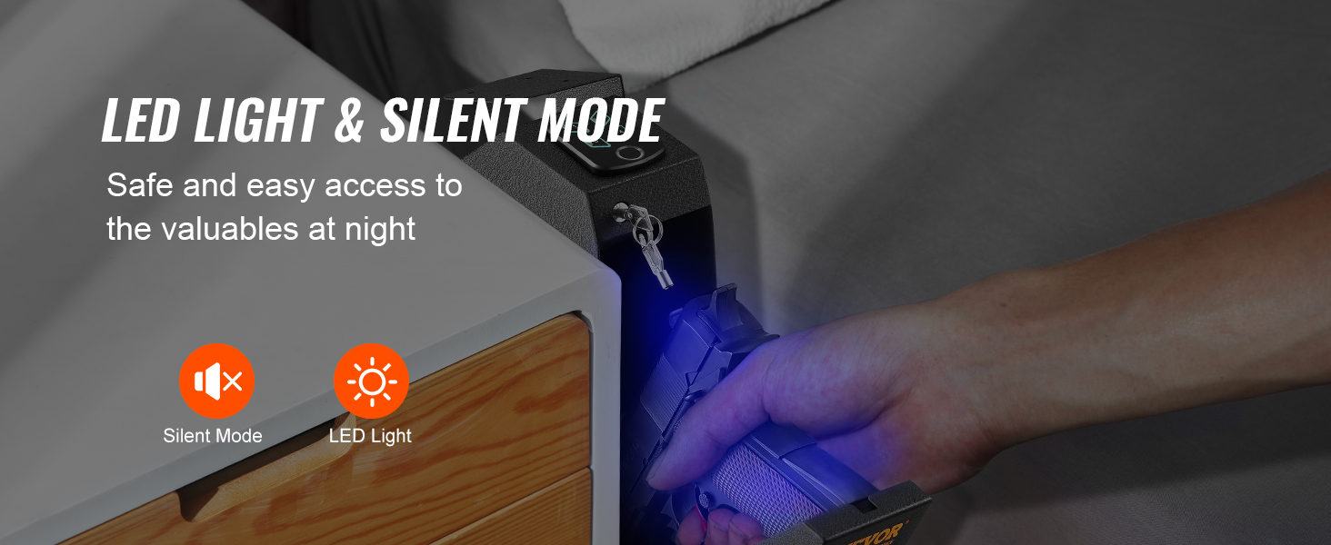 VEVOR mounted biometric gun safe with led light and silent mode for secure nighttime access.