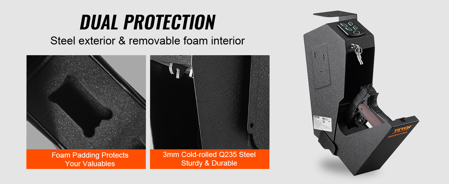 VEVOR mounted biometric gun safe with foam padding and durable steel exterior for dual protection.