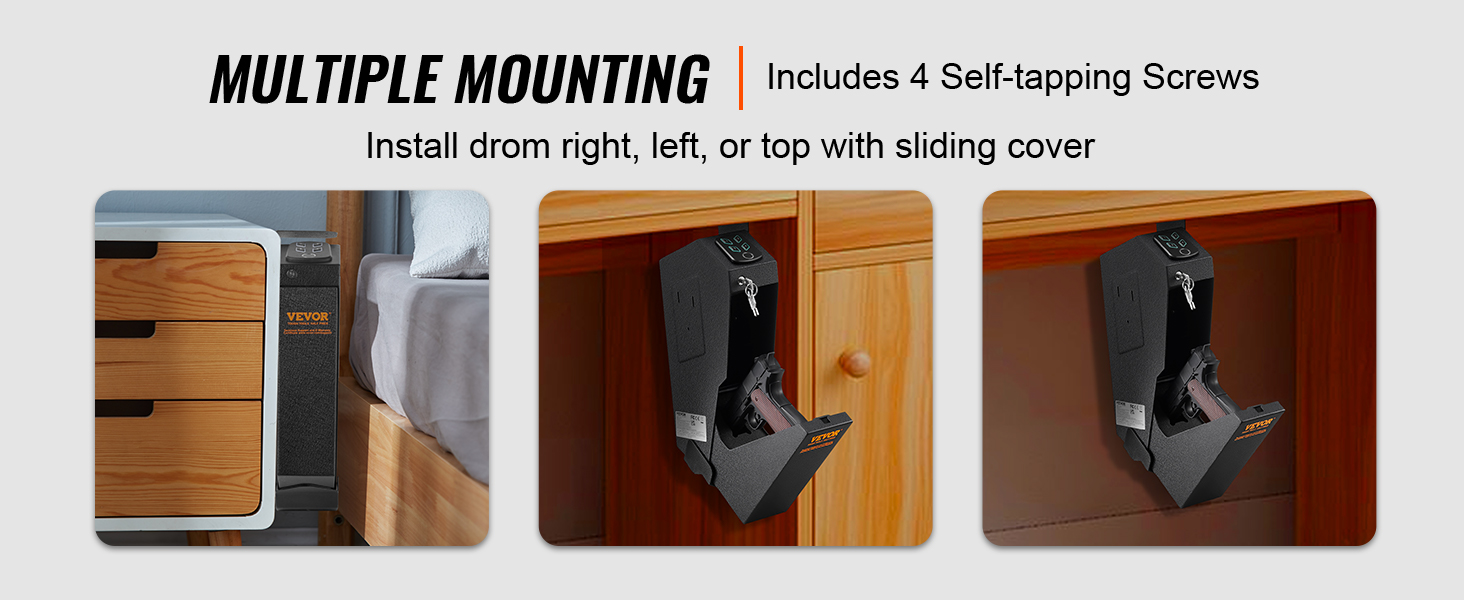VEVOR mounted biometric gun safe, multiple mounting options under tables or beside bed.