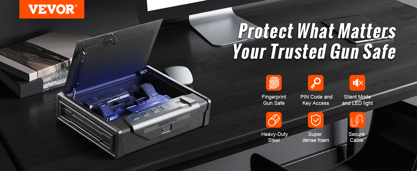 VEVOR biometric gun safe on desk, showcasing fingerprint access, heavy-duty steel, and secure cable.