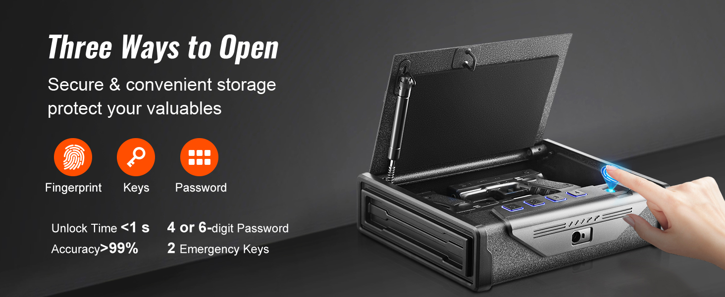 VEVOR biometric gun safe with fingerprint, key, and password options for secure, quick access.