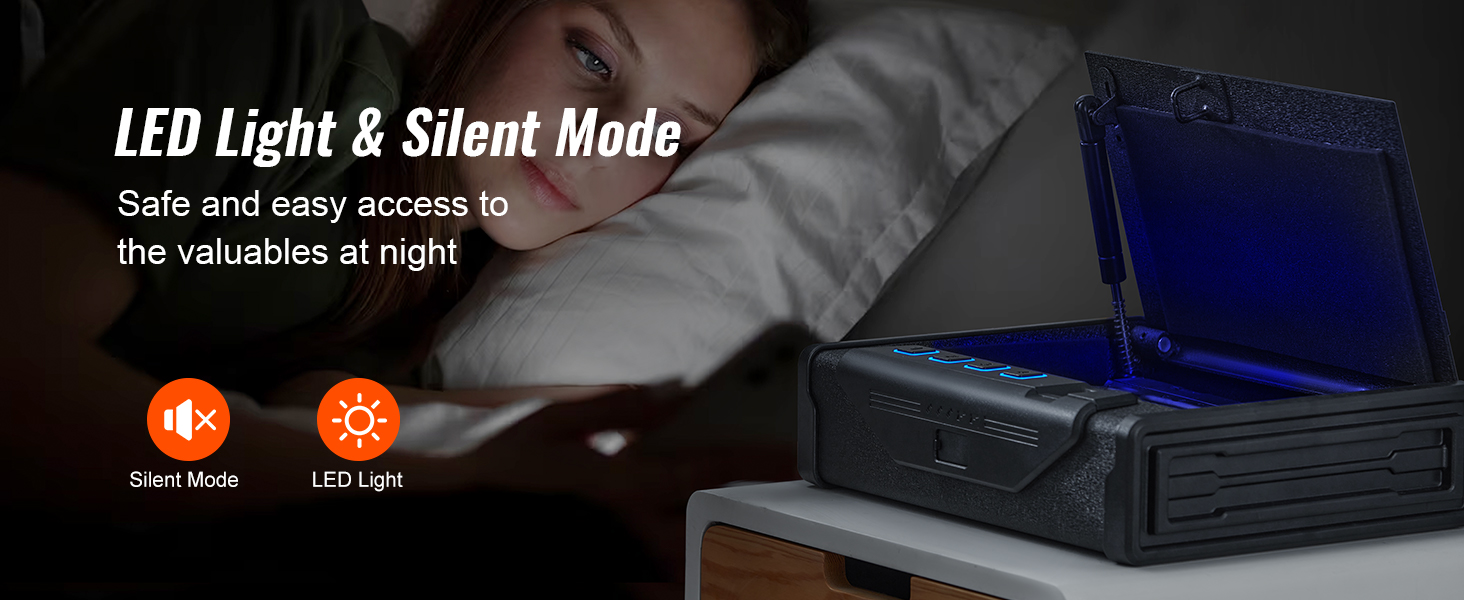 VEVOR biometric gun safe on a nightstand with led light and silent mode options displayed.